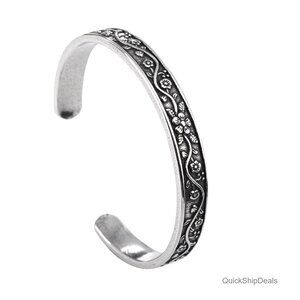 Stainless Steel Vintage Floral Cuff Bracelet, Adjustable Open-End Bangle